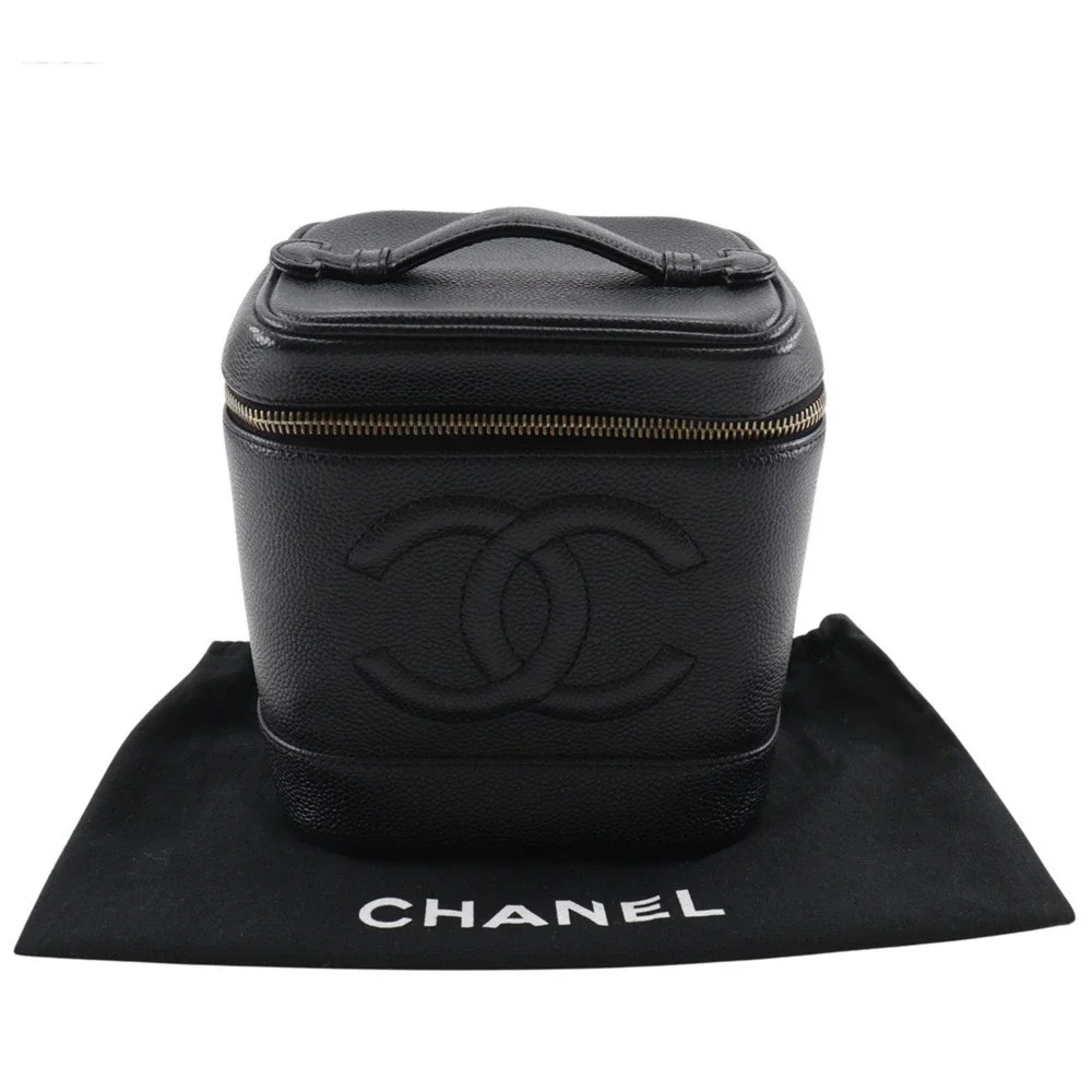CHANEL Black Caviar Leather Logo Pouch